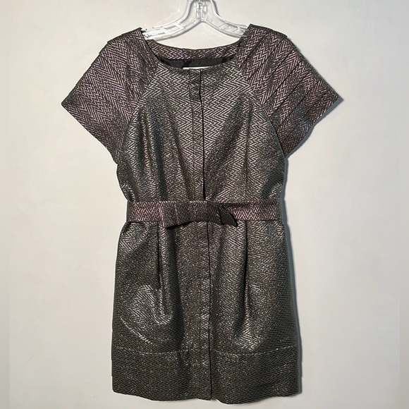 THREAD SOCIAL Cocktail Metallic Pleated SLV Bow Belt Sage Chevron Party Dress 4 - Picture 1 of 16